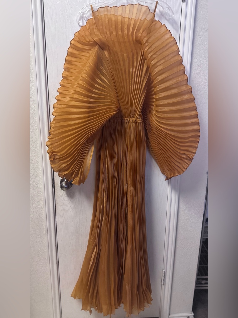 Mustard Gold Pleated Batwing Sleeve Maxi Dress | Elegant Statement Gown | One - Picture 8 of 11